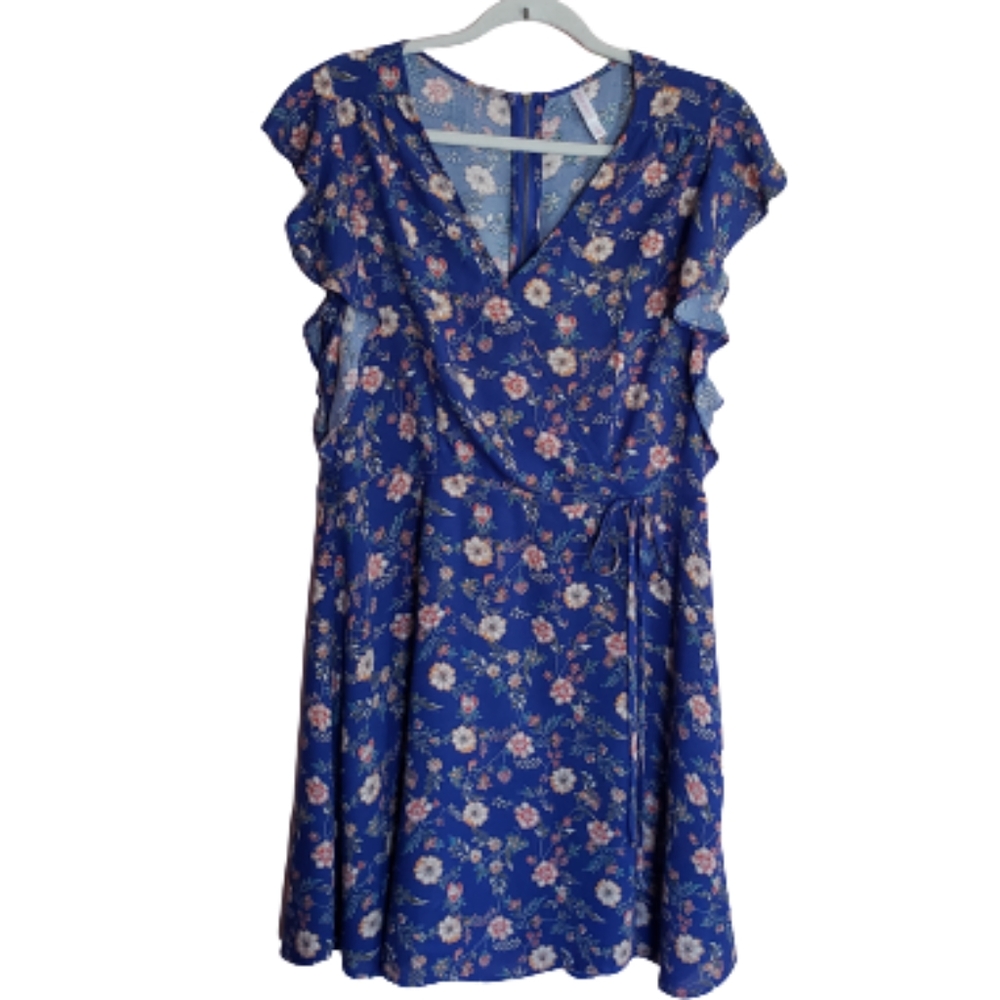 Xhilaration Blue Floral Faux Wrap Dress Short Sleeve Size Large
